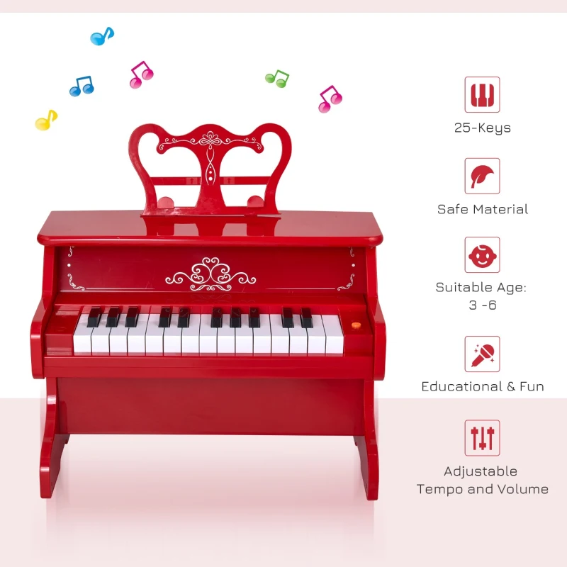 Qaba Kids Mini Piano Toy with 25 Keys Simulated Piano Sound, a Realistic Piano Look, &  Side Book Holder, Red