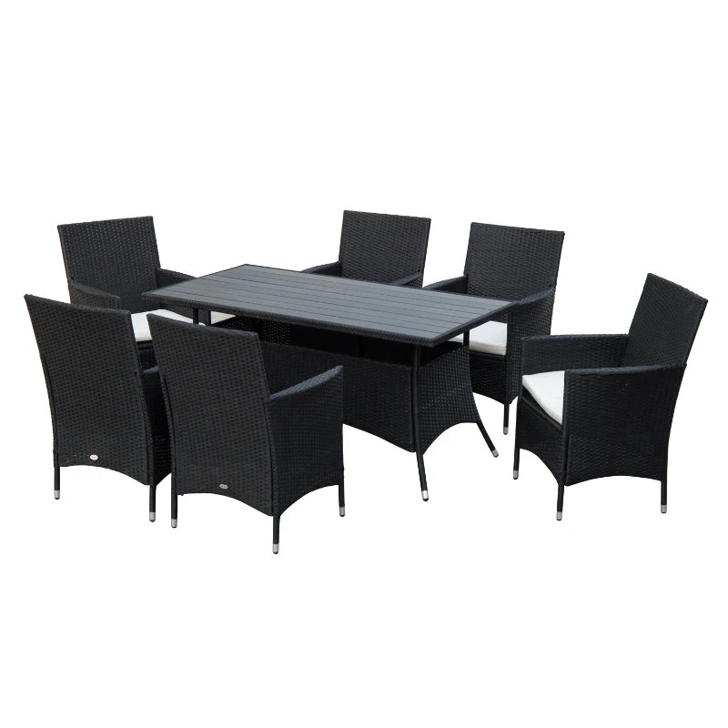 Outsunny 7 Pieces Rattan Dining Set Garden Wicker Furniture Slat Top Table Backyard