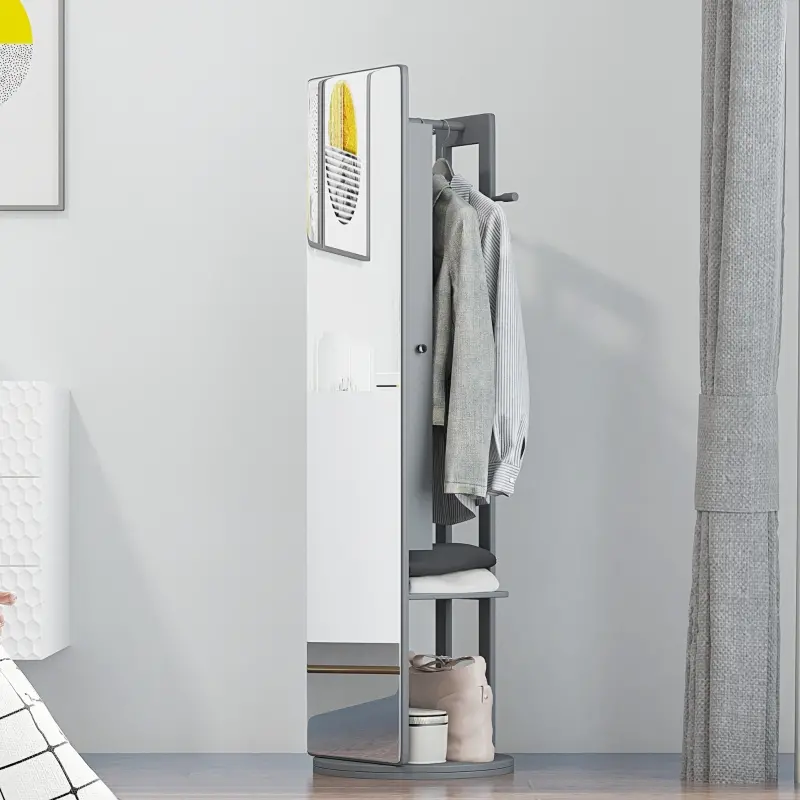 HOMCOM Full Length Glass Mirror with Hidden Jewelry Cabinet and Pine Wood Clothing Rack, Dark Grey