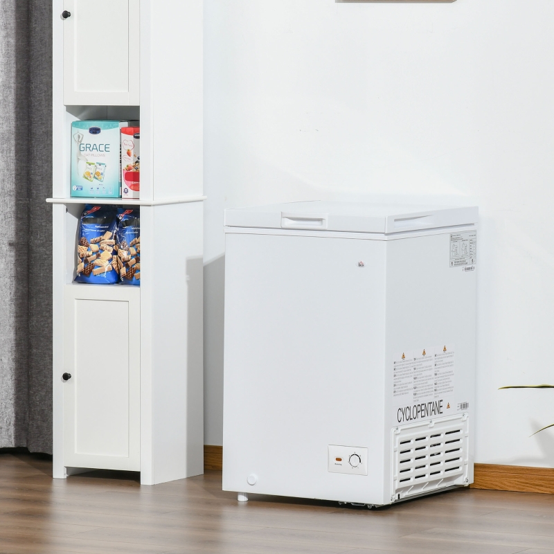 HOMCOM Compact Chest Freezer 3.5 Cubic Feet with Removable Basket Single Door 7 Temperature Setting Drain Hole for Apartment Kitchen Office Cabin White