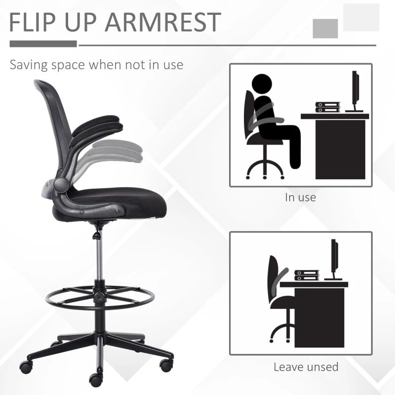 Vinsetto Tall Drafting Desk Chair Computer Desk Home Office Mesh Standing Chair with Mid Back, Foot Ring, Flip-up Arm, 360° Swivel Wheels, Black
