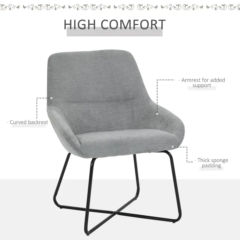 HOMCOM Modern Accent Chair Leisure Fabric Mid Back Chair Livingroom Funiture with X-Shaped Metal Frame and Curved Back, Grey/Black