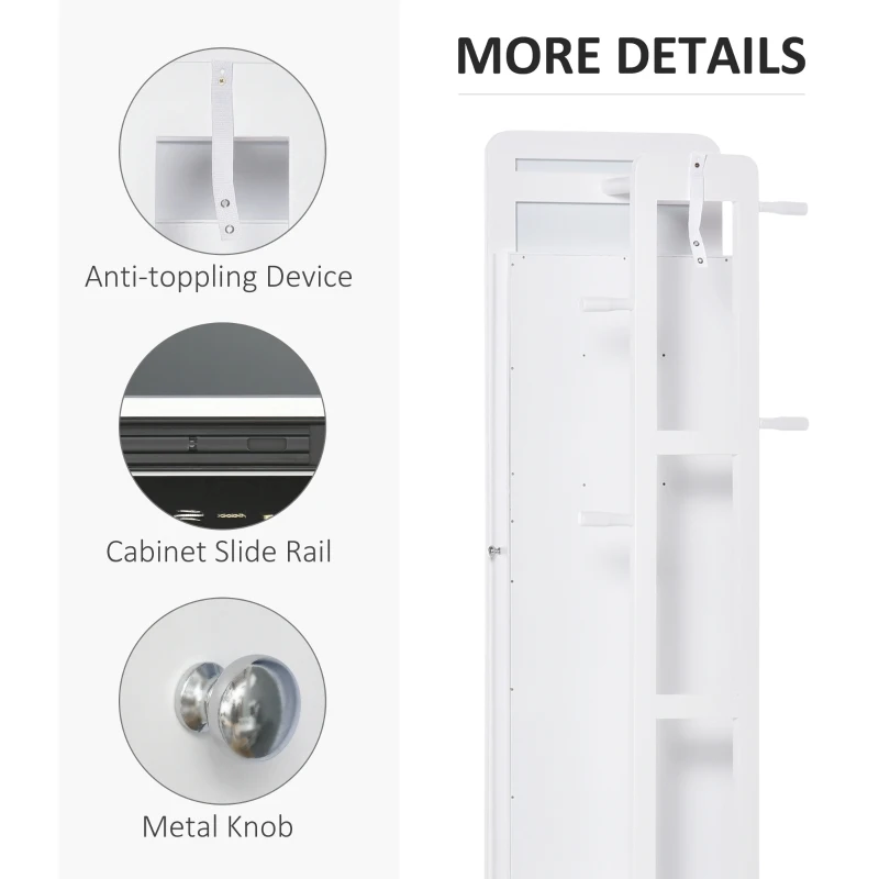 HOMCOM Full Length Glass Mirror with Hidden Jewelry Cabinet and Pine Wood Clothing Rack, White