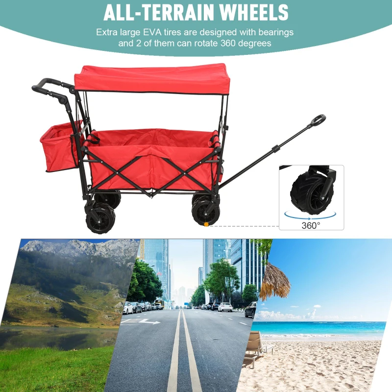 DURHAND Folding Push Pull Collapsible Wagon with Canopy and All-Terrain Wheels, Utility Rolling Cart Stroller for Beach and Shopping, Red