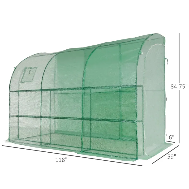 Outsunny 10' x 5' x 7' Lean to Greenhouse, Walk-In Wall Green House Plant Nursery with 2 Roll-up Doors and Window, PE Cover and 3 Wire Shelves, Green