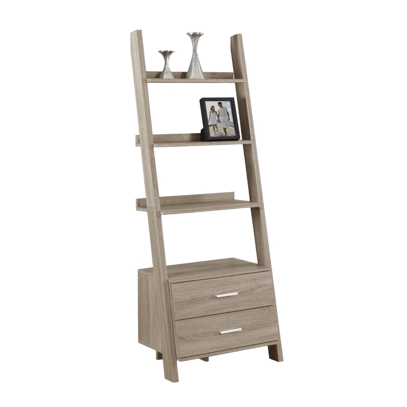 Monarch 69" Contemporary Wood Grain-Look 4-Shelf Ladder Bookcase with Storage Drawers - Dark Taupe Finish