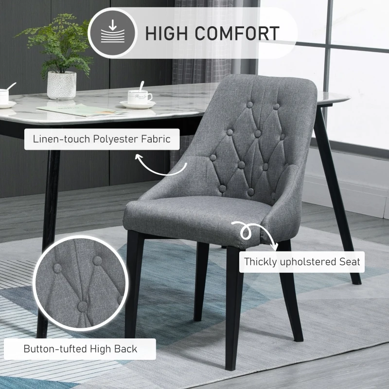 HOMCOM Set of 2 Modern Style Dining Chairs, Button Tufted High Back Side Chairs with Upholstered Seat, Steel Legs for Living Room, Kitchen, Study, Dark Grey