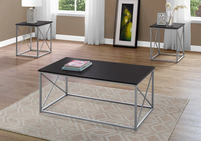 Monarch 3 Piece Modern Minimalist X Braced Laminate Top Coffee Table / Two Matching End Tables Set - Cappuccino, Silver Metal