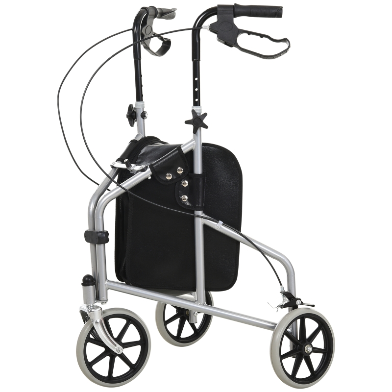 HOMCOM Steel Walker for Seniors, Three Wheel Adjustable Height Rollator with Handbrakes and Storage Bag