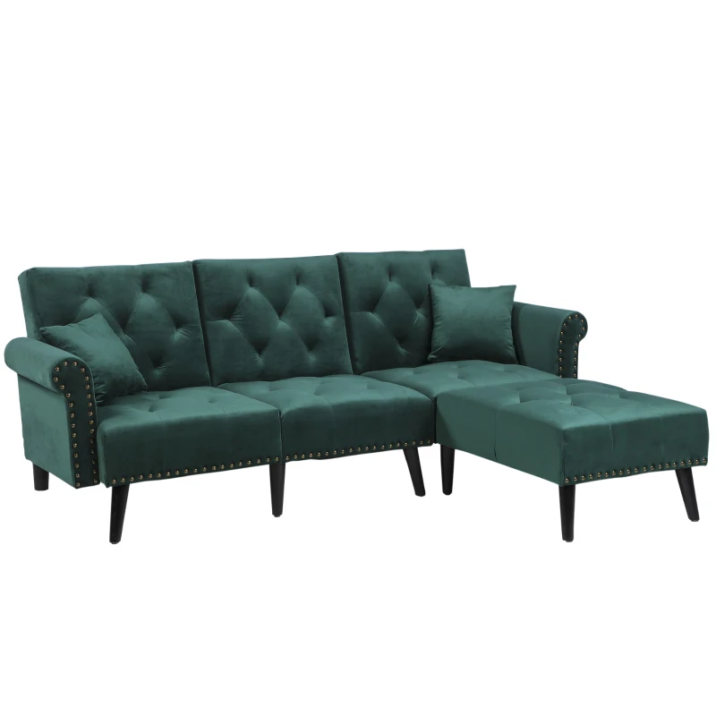 HOMCOM Modern Fabric Sectional Sofa Bed Set, Double Sofa and Chaise Lounge with Adjustable Backrest and 2 Removable Cushions, for Living Room Waiting Room, Dark Green