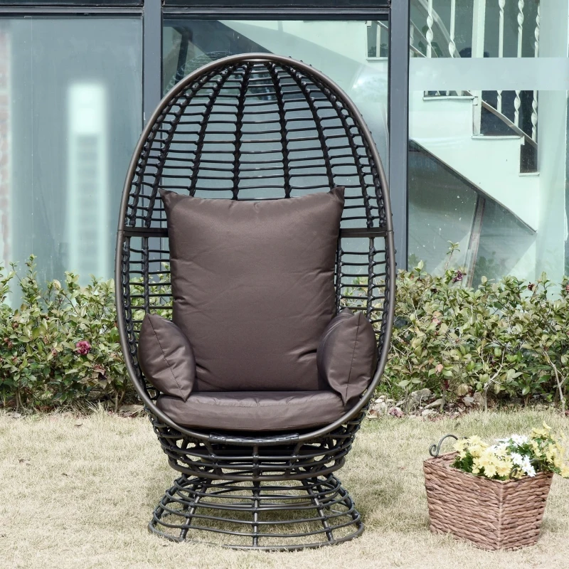 Outsunny Outdoor Wicker Egg Chair with Cushion, Lounge Chair Rattan 360 Degree Round Basket Chair for Backyard Garden Lawn Indoor Living Room, Brown