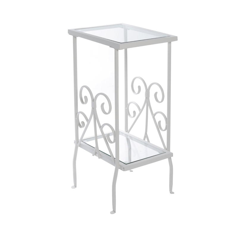 Monarch 30" Tradition Style Elegant Metal Scroll Frame 2-Tier Tempered Glass Shelf Side Accent Table - White Finish