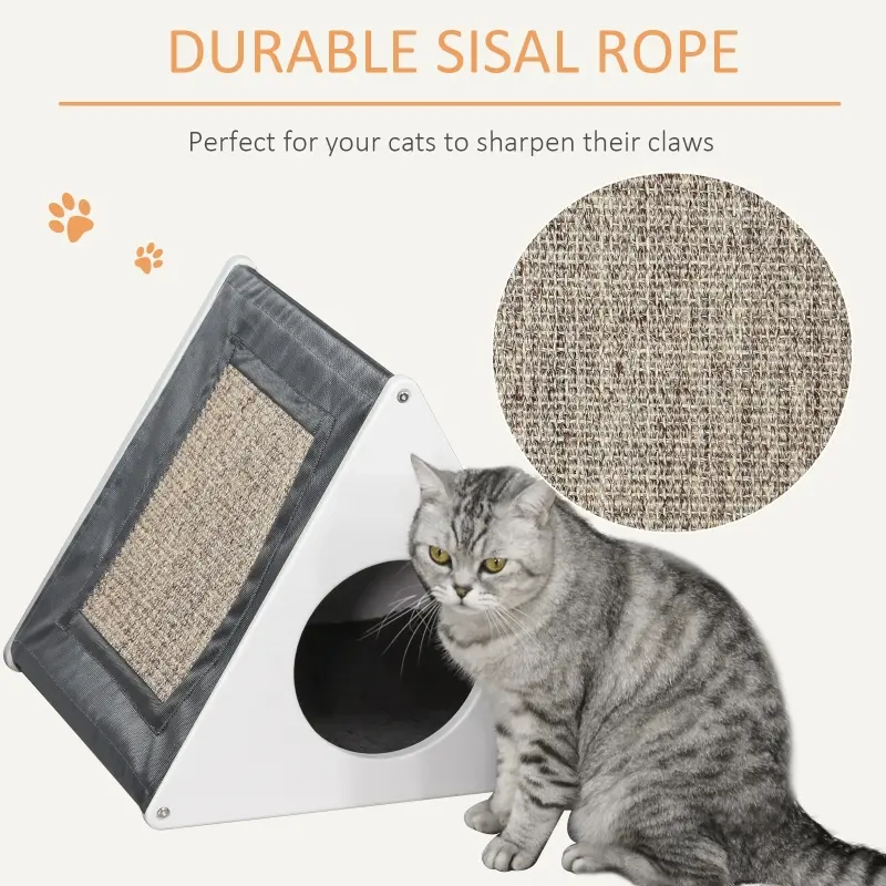 PawHut Wooden Cat House Triangle Shaped Bed Kitten Condo with Removable Cushion, Sisal Scratching Carpet, Grey and White