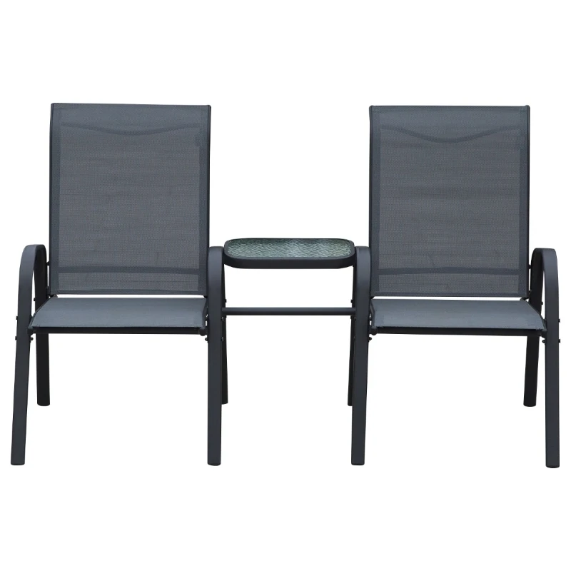 Outsunny Bistro Set Outdoor Furniture Set with Attached Middle Glass Coffee Table, Breathable Fabric Double Chairs for Balcony, Patio, Porch