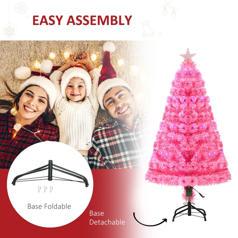 HOMCOM 4ft Fir Artificial Christmas Tree with Realistic Branches, 130 Multi-Color Fiber Optic LED Lights and 130 Tips, Pink