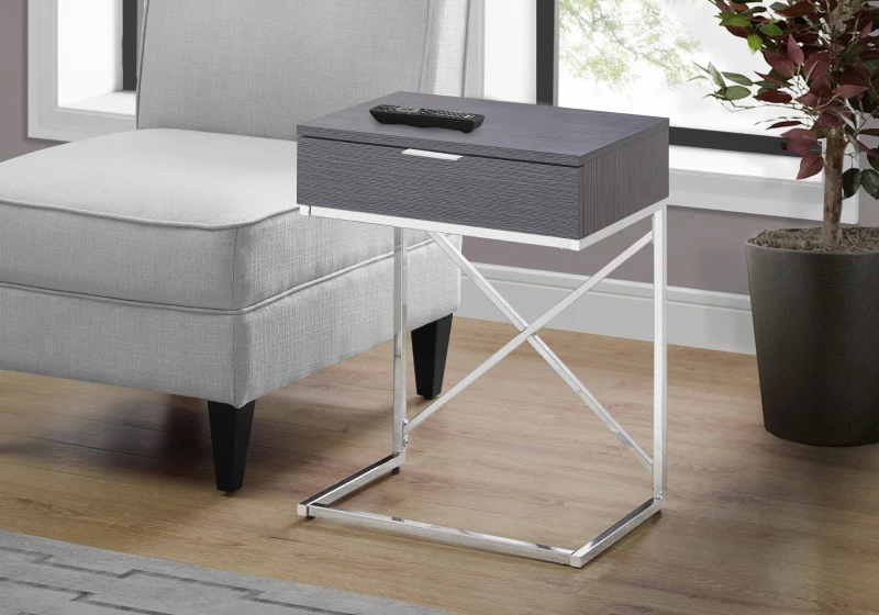 Monarch 24" Contemporary End Table Night Stand with Large Storage Drawer and Metal X-Design Frame - Grey / Chrome Base