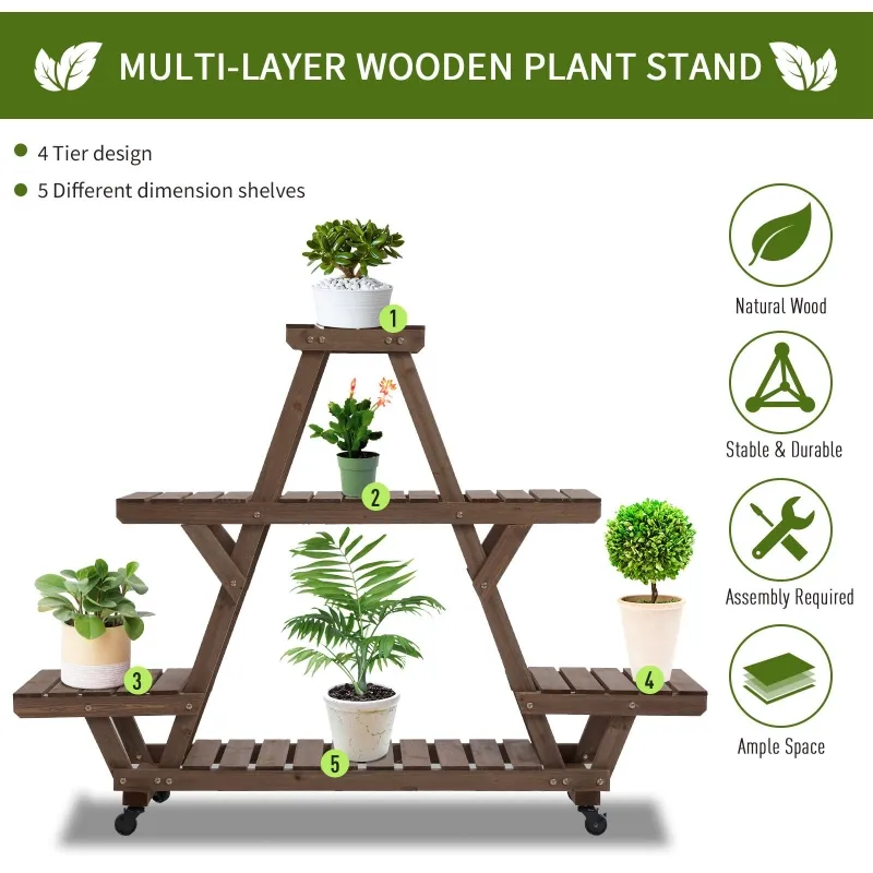 Outsunny 57'' x 14'' x 41'' 4 Tier Wooden Plant Shelf with Wheels Rolling Plant Pots Holder Stand Indoor Outdoor