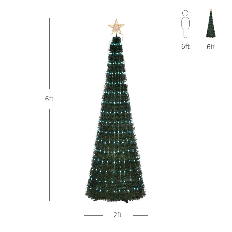 Outsunny 6ft Tall Pre-lit Slim Artificial Outdoor Christmas Tree Easy Assembly Pull Up Pop Out Yard Decoration with 304 Multi-Color LED Lights