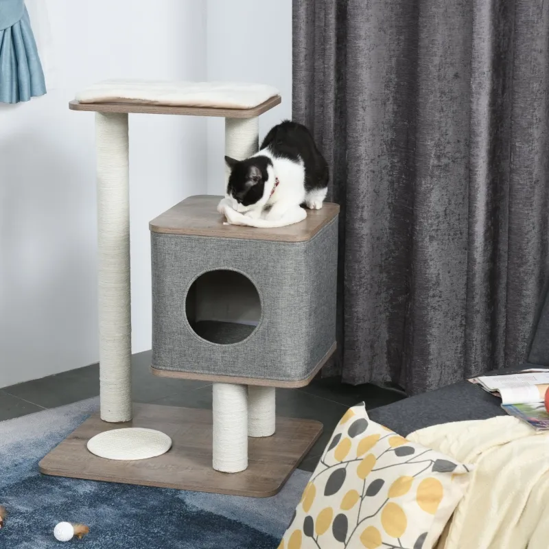 PawHut 34" Cat Tree Tower Activity Center with Natural Jute Scratch Material, Cushions on Each Platform, & Condo Area
