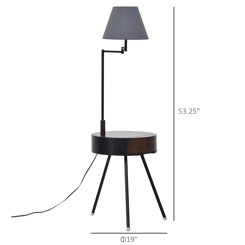 HOMCOM 53.25" Floor Lamp with Table Extendable and Retractable Arm E26 Rubber Wood