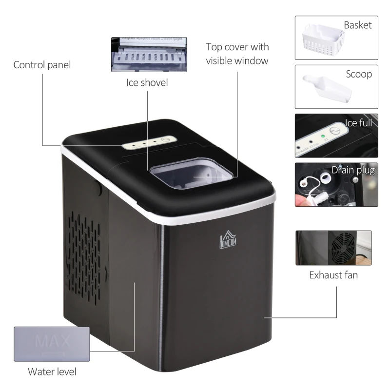 HOMCOM Portable Countertop Ice Maker Machine, 9 Cubes in 8 Minutes, Ice Machine for Freezer 27lbs/24H, Automatic Cleaning with Scoop and Basket for Kitchen Home Office Bar