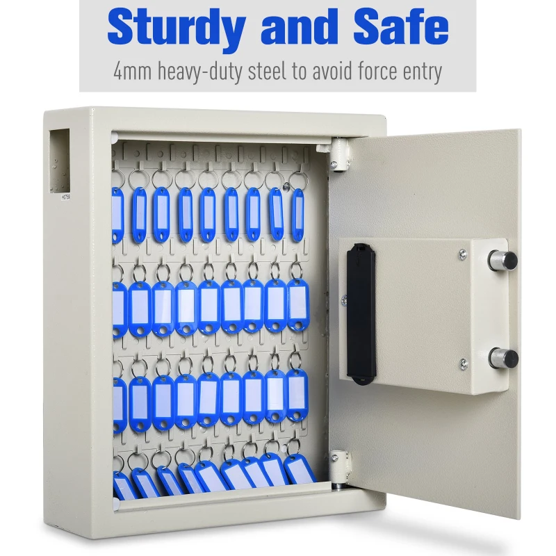 HOMCOM 40 Key Steel Wall-Mounted Lockable Key Safe Lock Box Cabinet with Key Tags & Programmable Pin Security - White