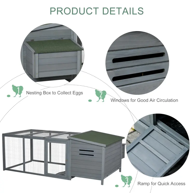 PawHut 88" Large Wooden Chicken Coop Outdoor Hen House Poultry Cage Pen Backyard with Run, Nesting Box, Waterproof Roof and Removable Tray, Gray