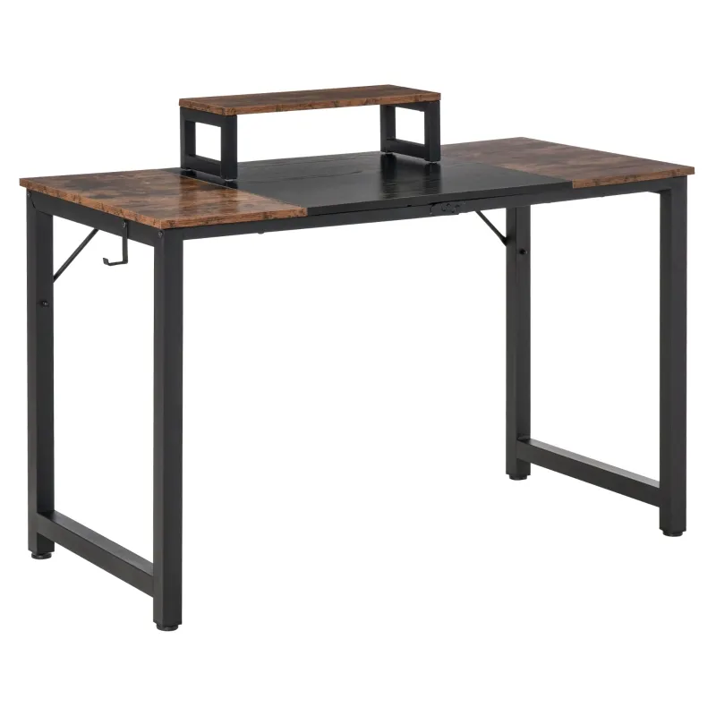 HOMCOM Industrial Style Computer Desk, Home Office Writing Desk, PC Laptop Workstation with Raised Monitor Stand, Side Hook, Adjutable Feet, Rustic Brown and Black