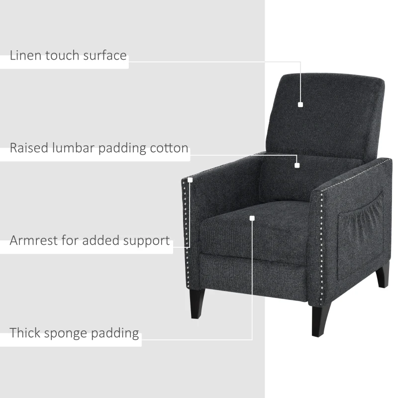 HOMCOM Push Back Manual Recliner Sofa,  Linen Fabirc Armchair with Thick Sponge Padding seat   and Footrest for Living Room, Dining Room, Office, Dark Grey