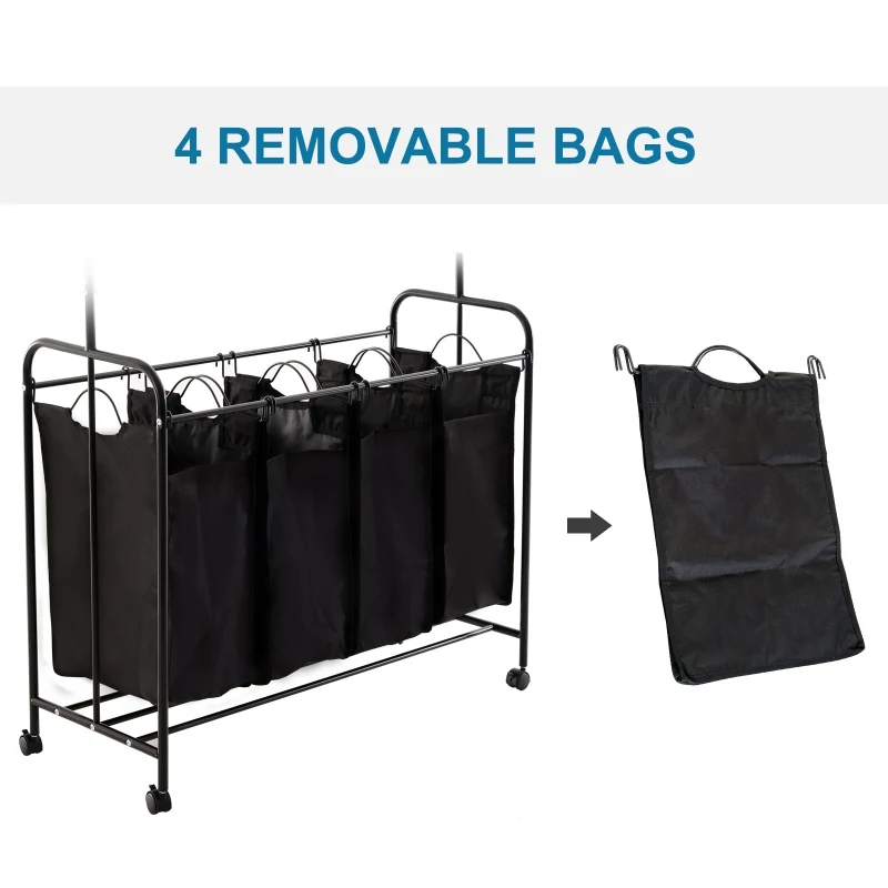 HOMCOM 4-Bag Rolling Laundry Sorter Cart Heavy Duty with Hanging Bar Large Washing Bag and Wheels Laundry Storage Black