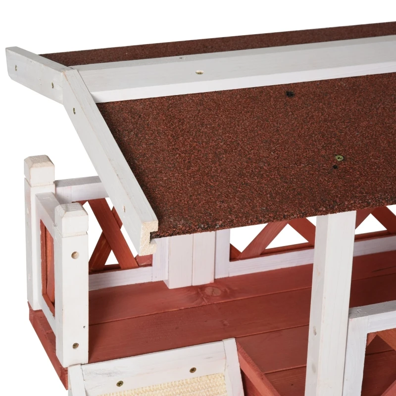 PawHut Outdoor Cat House Wooden Feral Cat Shelter, 2-Story Kitten Condo with Sisal Ramp, Weatherproof Roof and Balcony, Red