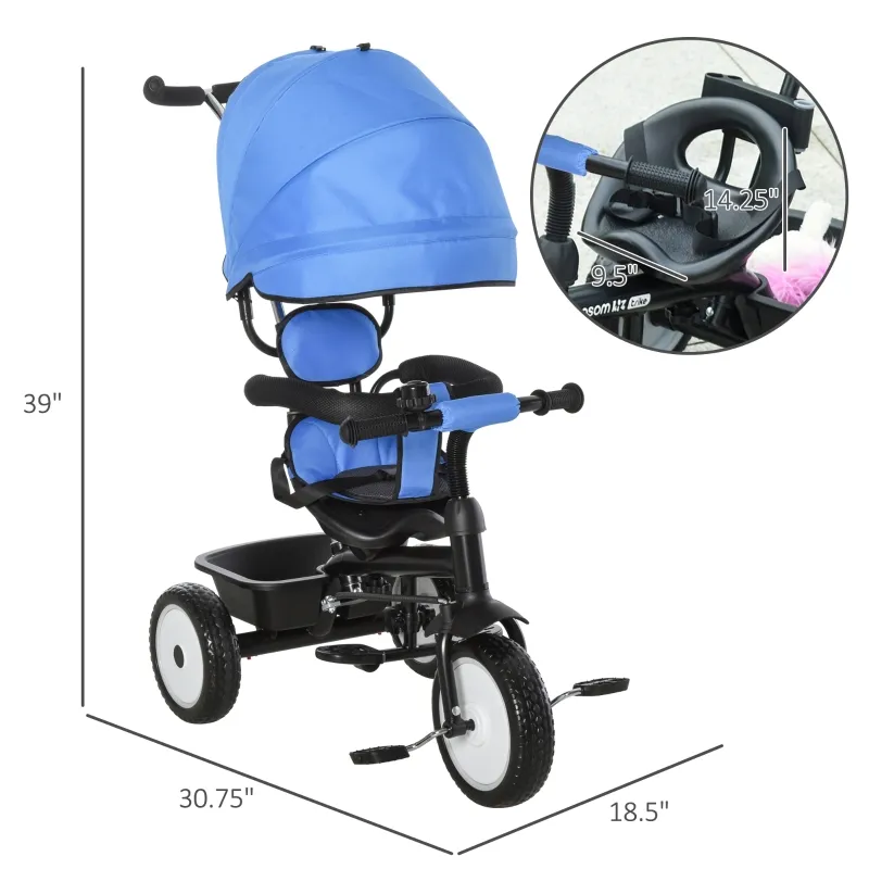 Qaba Baby Tricycle 2 In 1 Trike with Adjustable Canopy Detachable Guardrail Belt for Age 6-60 Months, Blue