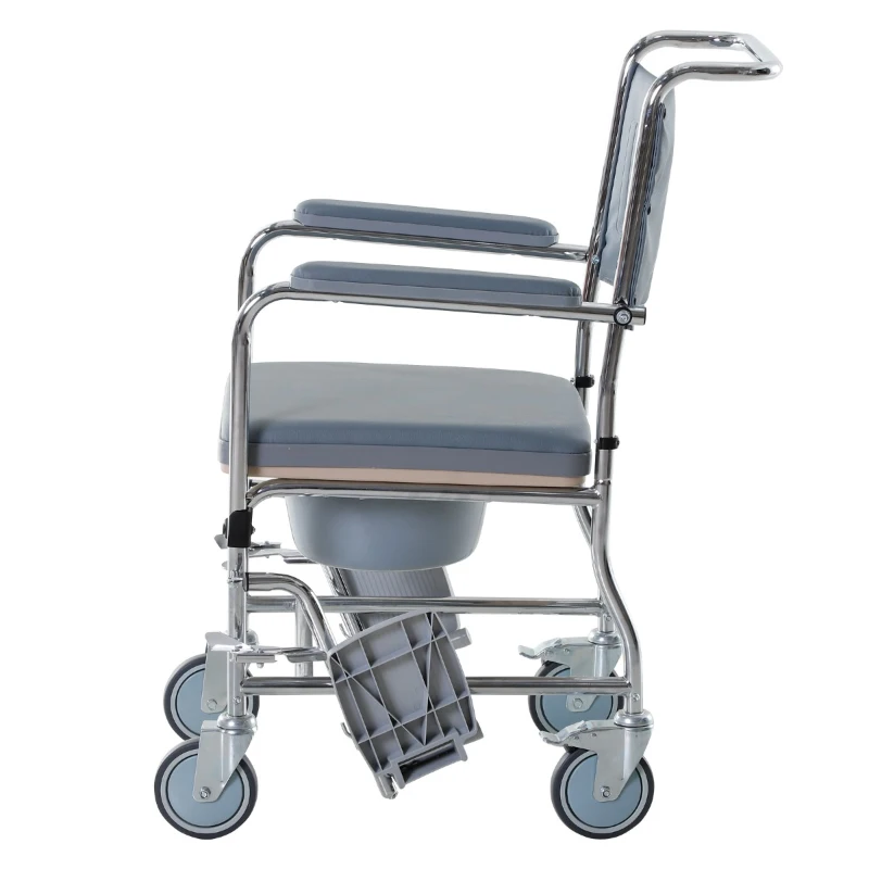 HOMCOM Shower Rolling Chair Personal Mobility Assist Bedside Commode Toilet Chair with Detachable Bucket Armrest Wheelchair Design Armchair for Elder Disabled Pregnant, Grey
