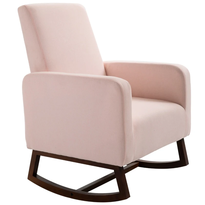 HOMCOM Accent Lounge Rocking Chair with Solid Curved Wood Base and Linen Padded Seat, Pink