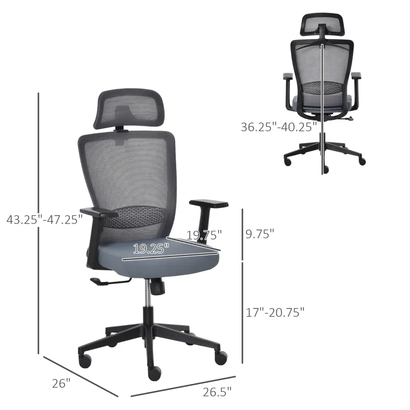 Vinsetto Mesh Office Chair with Lumbar Back Support High Back Swivel Task Chair, Adjustable Height Head Pillow, Blue Grey