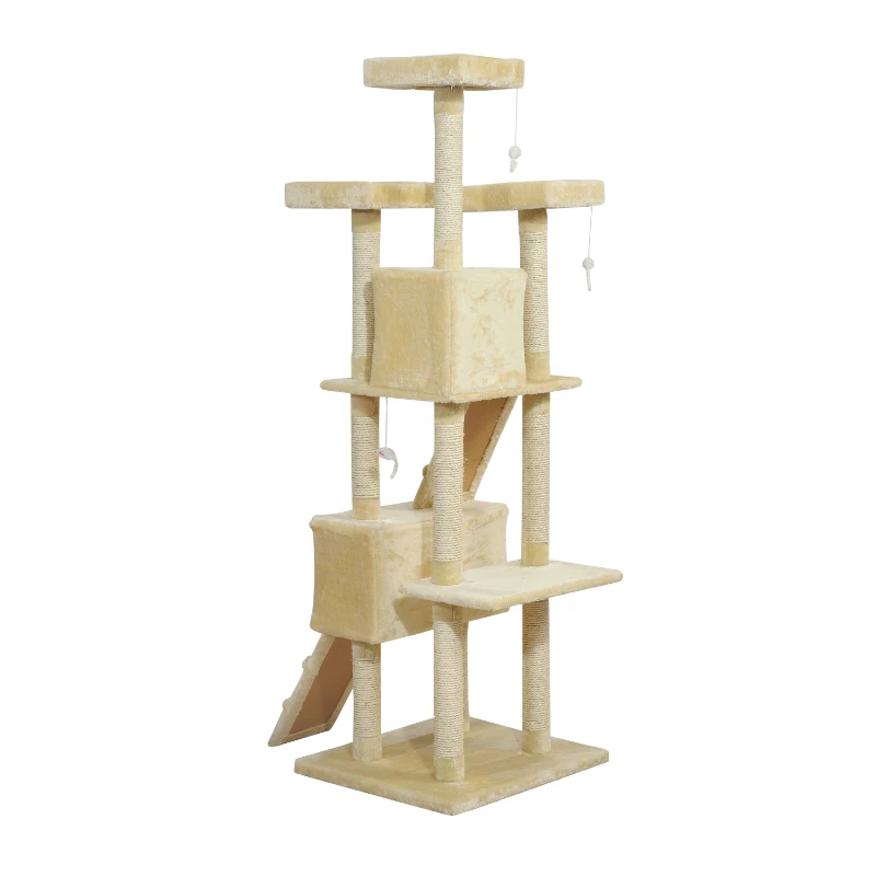 PawHut 71in Deluxe Multi-Level Scratching Cat Tree Play House with Two Condos and Toys Beige