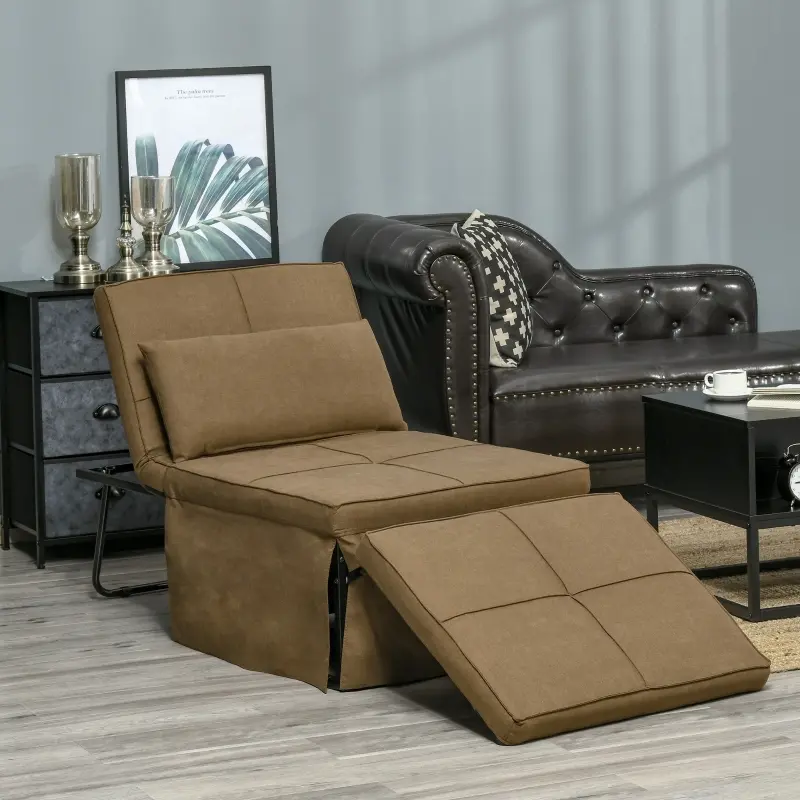 HOMCOM 4-in-1 Multi Function Folding Single Sofa Bed with Retractable Footrest, Convertible Sleeper with Adjustable Backrest For Living Room and Small Spaces, Brown