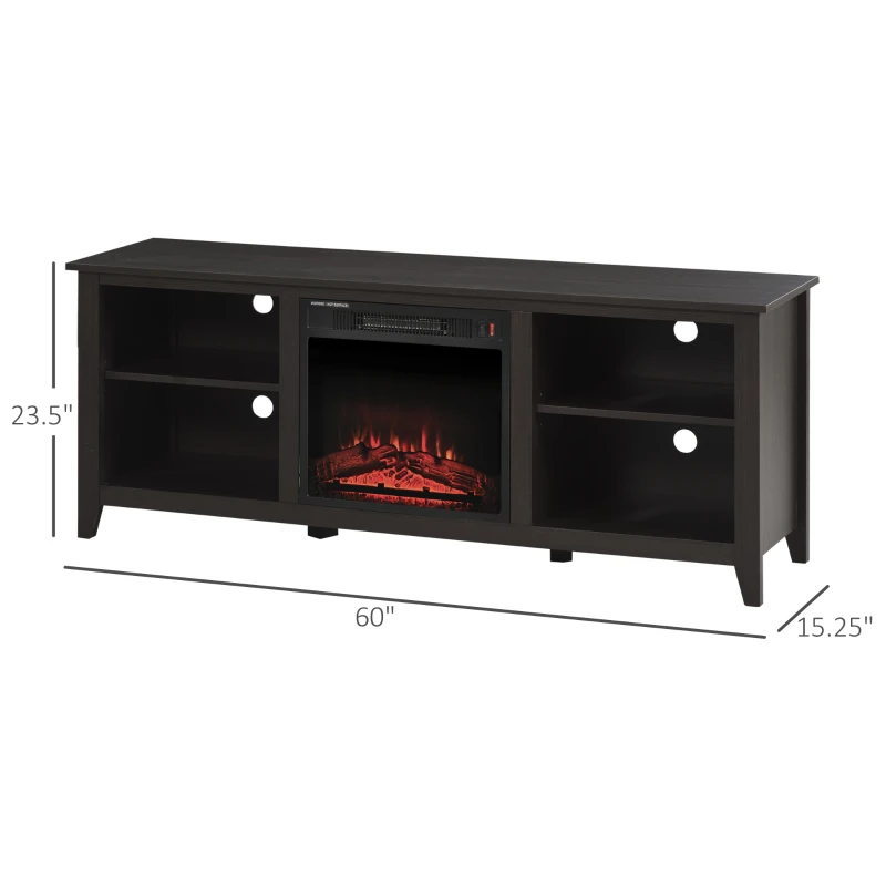 HOMCOM 60" W x 23.5" H Electric Fireplace Mantel TV Stand, Media Console Center Cabinet with 2 Adjustable Shelves, 4 Cable Management Holes and Fits up to 65" TV, Dark Brown