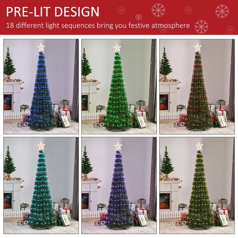 Outsunny 6ft Tall Pre-lit Slim Artificial Outdoor Christmas Tree Easy Assembly Pull Up Pop Out Yard Decoration with 304 Multi-Color LED Lights
