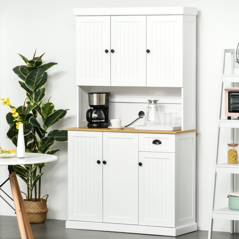 HOMCOM 71" Kitchen Pantry Buffet with Hutch Storage Cabinet Microwave Oven Stand with Drawer- White/Oak