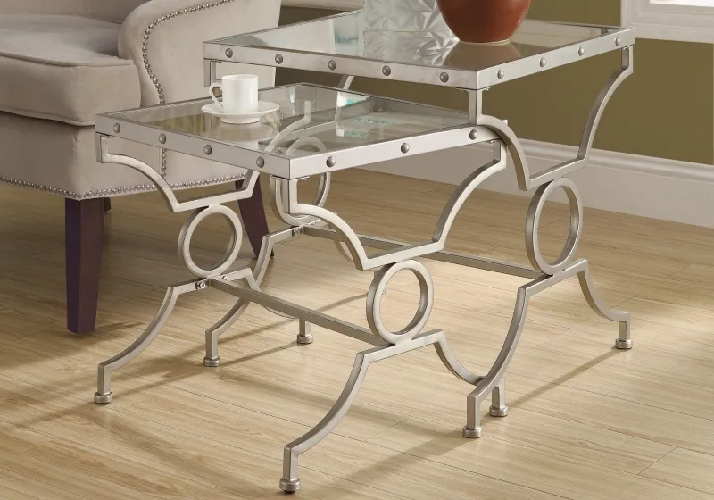 Monarch 2 Piece Contemporary Tempered Glass Top Symmetrical Shapes Metal Frame Accent Nesting End Table Set - Silver Finish