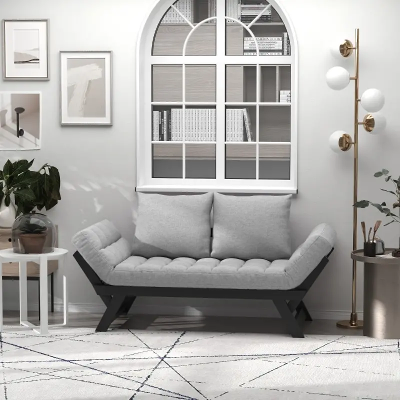 HOMCOM Single Person 3 Position Convertible Chaise Lounger Sofa Bed with 2 Large Pillows and Oak Frame, Light Gray