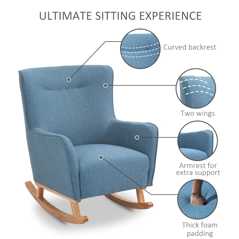 HOMCOM Modern Rocking Chair Sofa Armchair Modern Accent Chair with Thick Padding, Winged Back for Living Room, or Bedroom, Blue