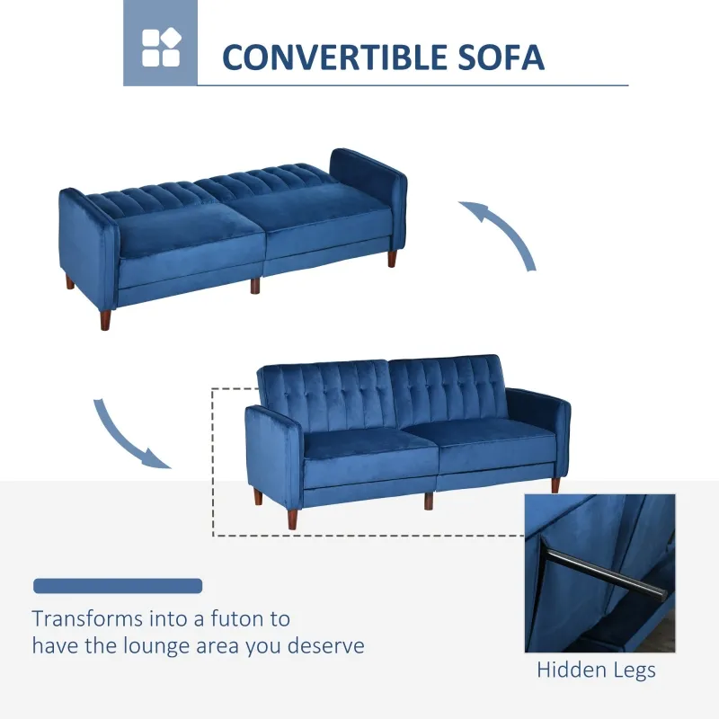 HOMCOM Convertible Sofa Sleeper Futon with Split Back Design Recline, Thick Padded Velvet-Touch Cushion Seating and Wood Legs, Blue