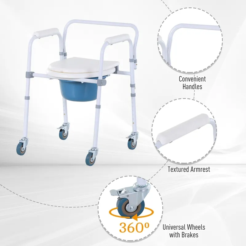 HOMCOM Personal Mobility Assist Bedside Commode Toilet Chair with 6-Level Adjustable Height & Shower Accessibility
