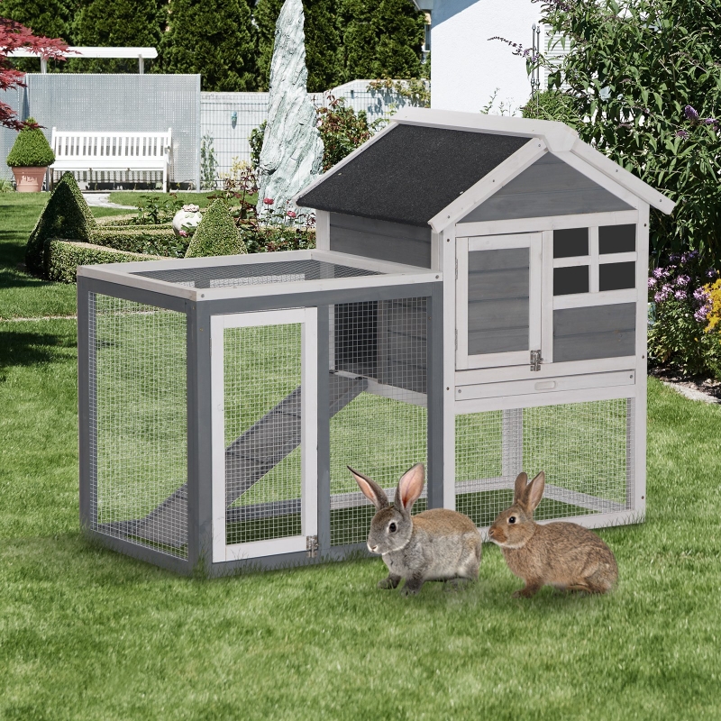 PawHut 48" Weatherproof Wooden Rabbit Hutch With Slant Roof And Screened Outdoor Run Grey