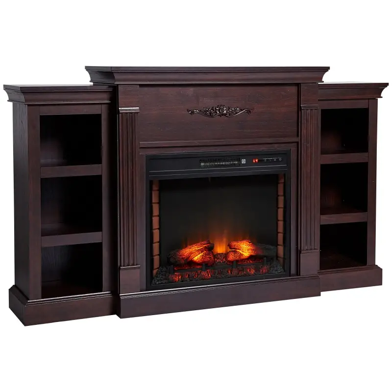 HOMCOM 70" W x 15.75" H Electric Fireplace Mantel TV Stand, Media Console Center Cabinet with 6 Shelves and Remote Control, Dark Brown