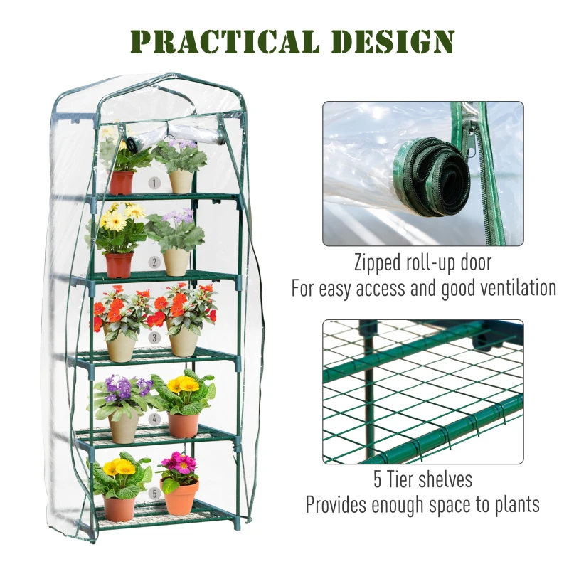 Outsunny 27'' x 19'' x 76'' 5 Tier Mini Greenhouse Outdoor Flower Stand Transparent PVC Cover Steel Frame