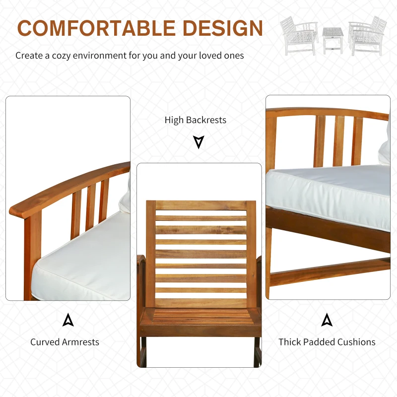 Outsunny 4 Piece Solid Acacia Wood Conversation Set Outdoor Patio Furniture Chat Set w/ Armchairs, Loveseat, Center Coffee Table & Cushions Teak/Cream