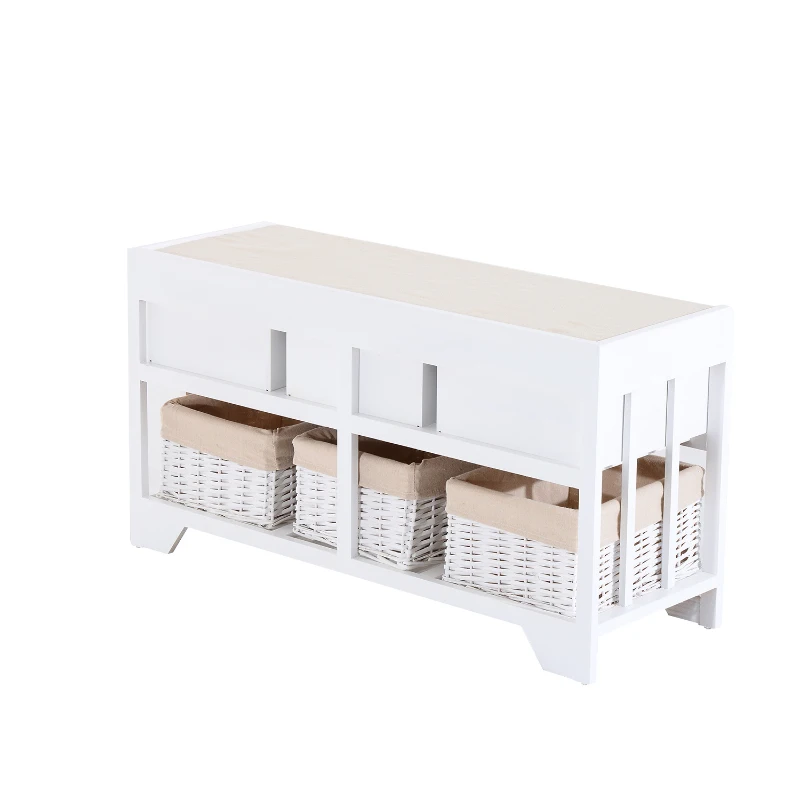 HOMCOM 3-Cube Wood Storage Bench w/ Cushion Entryway Organizer Seat with Wicker Basket and Drawer White